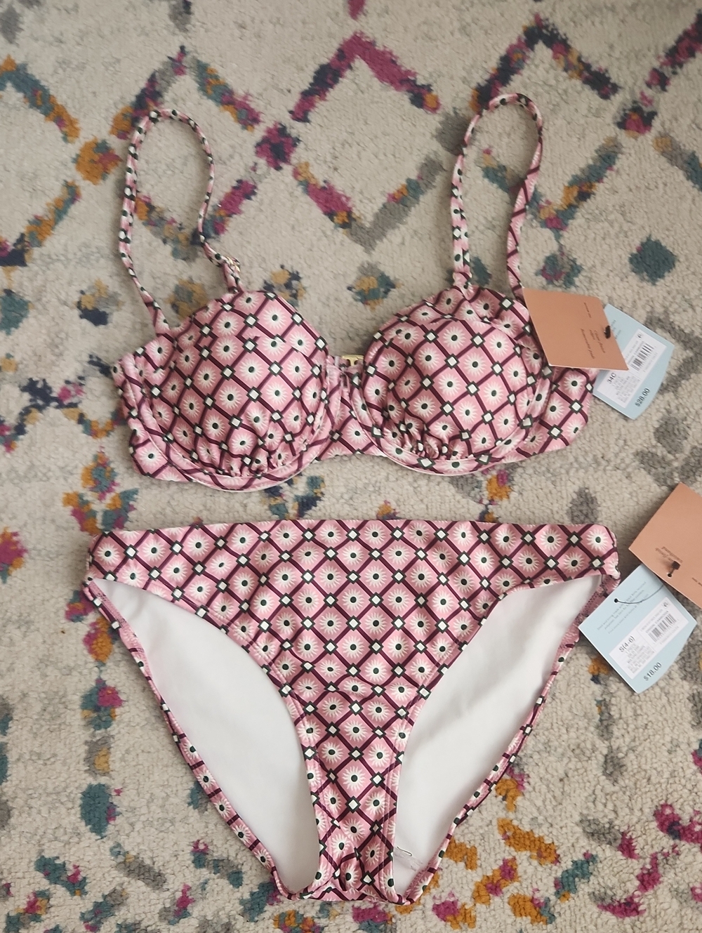 Shade & Shore Geometric Pink Bikini Top with Two Bottoms